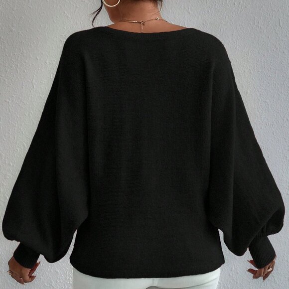 black white Casual Women's Striped Pattern Batwing Sleeve Loose Pullover Sweater - Picture 2 of 7